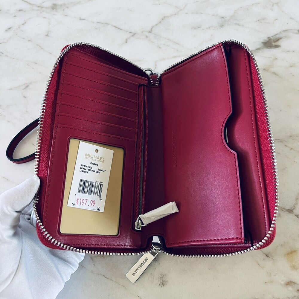 MICHAEL KORS Fulton Scarlet Leather Multi Function Phone Zip Wallet Wristlet - Picture 5 of 6